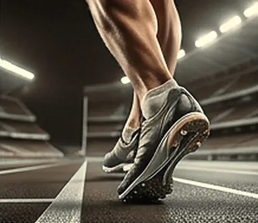 Pés de corredor com tênis de prova em pista de atletismo