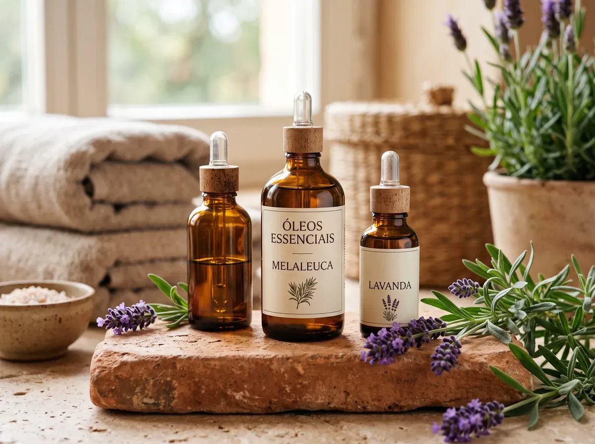 Frascos âmbar de óleos essenciais de melaleuca e lavanda sobre pedra, com ramos de lavanda ao lado