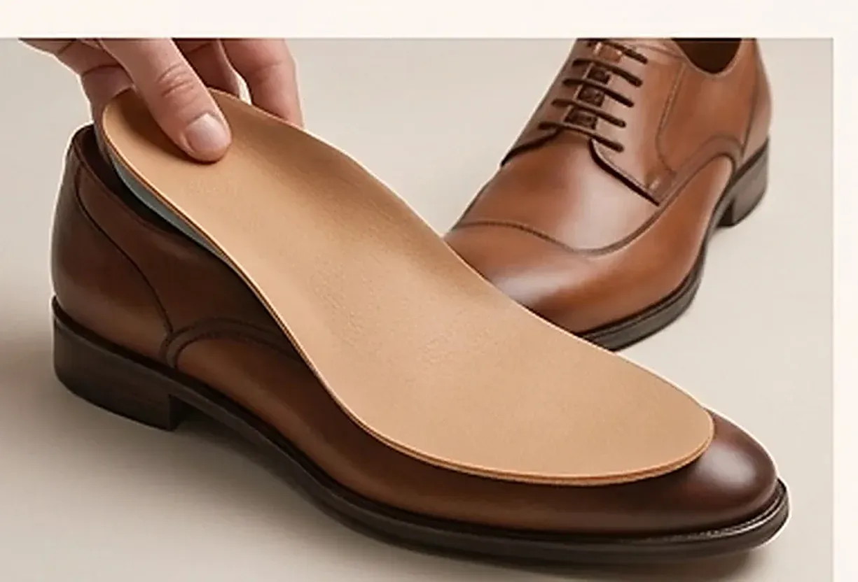 Palmilha terapêutica de couro sendo posicionada dentro de um sapato social
